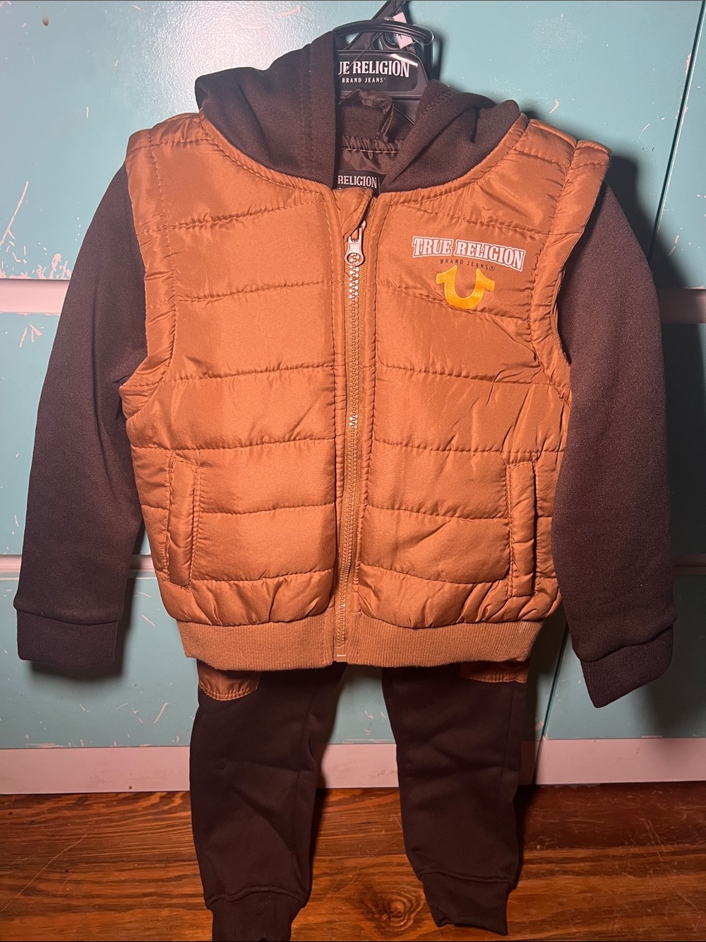 True Religion Brown and Black Kids' Quilted Hoodie Jacket
